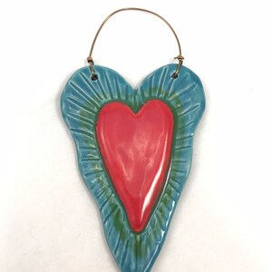 Ceramic Heart Ornament, wall ornament, art heart, handmade collectible ornament,raised red heart decoration, Robin Chlad, holiday gift image 4