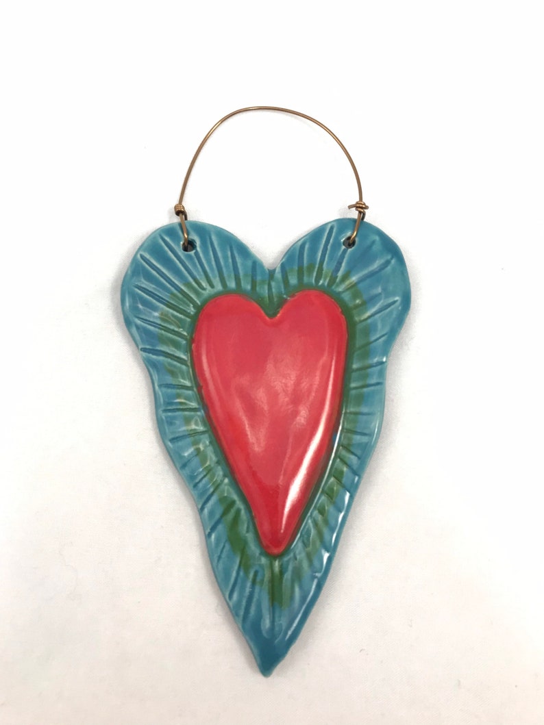 Ceramic Heart Ornament, wall ornament, art heart, handmade collectible ornament,raised red heart decoration, Robin Chlad, holiday gift image 4