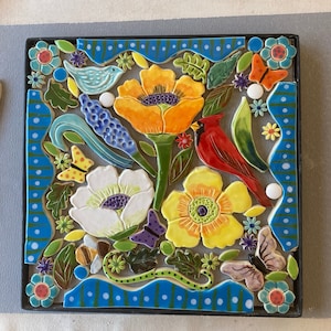 Mosaic Tile Kit, floral bouquet tile, handmade tile kit, mosaic wall art, flower tile, poppies and birds, Robin Chlad,