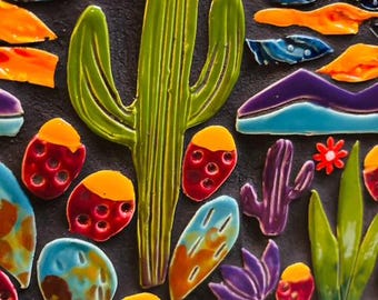 Handmade Cactus Mosaic mural, Desert floor plants, Desert landscape with sunset, saguaros, quails, prickly pear cactus, Robin Chlad,