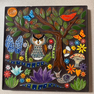 Owl Mosaic Kit, woodsy tile kit, handmade tile kit, mosaic wall art, flower tile, snail and bird, Robin Chlad, DIY, summer project,