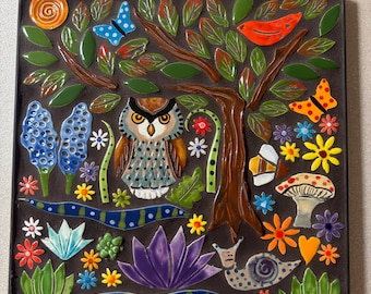Owl Mosaic Kit, woodsy tile kit, handmade tile kit, mosaic wall art, flower tile, snail and bird, Robin Chlad, DIY, summer project,