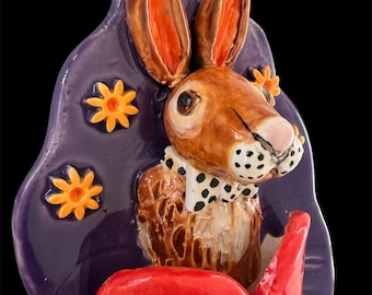 Handmade ceramic rabbit ornament, jack rabbit in a heart pocket, Easter motif, collectible, Basket of eggs, wall decor, Robin Chlad,