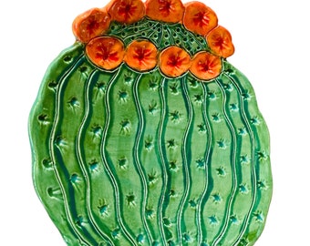 Barrel Cactus spoon rest, ceramic spoon rest, pottery dish, handmade cactus dish, serving plate, Robin Chlad Design, cactus decor