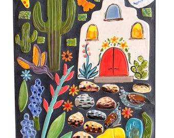 Handmade mosaic tile welcome plaque, desert dwelling, burro owl, stone path, cactus tile, Robin Chlad, housewarming gift, home decor, hummer