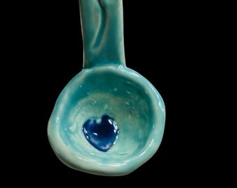 Handmade Ceramic Tea Spoon, Teal Blue Heart, Valentine Gift