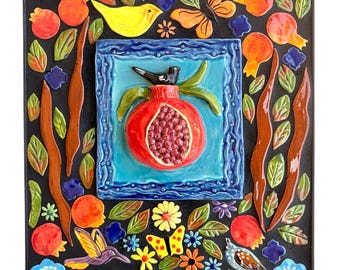 Handmade 3-d pomegranate mosaic plaque, pomegranate garden scene, yellow bird, hummingbird, flower tiles, Robin Chlad, garden theme, fruit