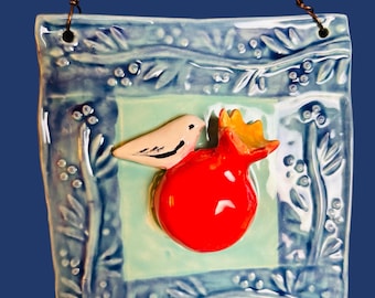 Handmade Ceramic Ornament, Pomegranate and Bird, Holiday Wall Decor