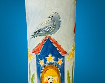 Flower vase, doghouse, dog ceramic vase, blue vessel, garden motif, home decor, handmade, pottery vessel, Robin Chlad, housewarming gift