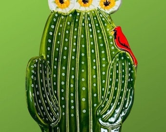 Saguaro plate, saguaro spoon rest, cardinal, pottery, ceramic cactus plate, kitchen decor, southwest accent, Robin Chlad, serving dish