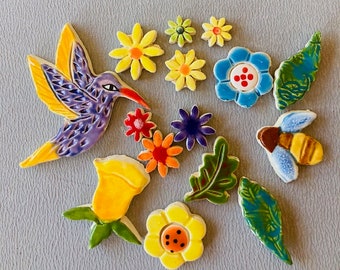 Mosaic Tile, handmade tile, hummingbird tile, mosaic tile pieces, mosaic tile project, bee tile, Robin Chlad, tile project, flowers, leaf