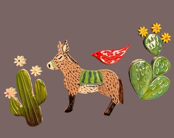 Donkey Tile, Donkey cactus tiles, desert burro, tile bundle, red bird tile, saguro, DIY, Robin Chlad, handmade tile, mosaic tiles, ceramic