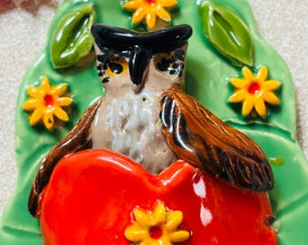 Handmade Ceramic Owl Ornament, Heart Pocket, Valentine Keepsake