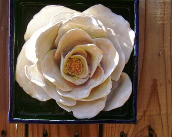 White Rose, flower art, 3-d art, contemporary folk art, garden art, Ceramic Wall Hanging, Handmade,bloom,