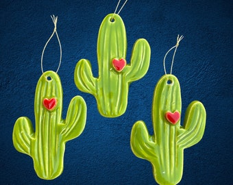 Handmade Ceramic Saguaro Cactus Ornament with Heart