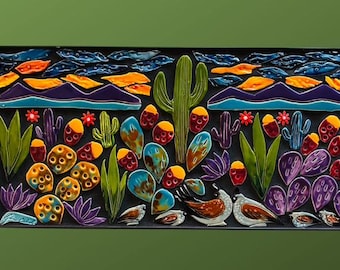 Handmade Cactus Mosaic mural, Desert floor plants, Desert landscape with sunset, saguaros, quails, prickly pear cactus, Robin Chlad,