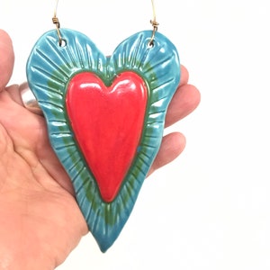 Ceramic Heart Ornament, wall ornament, art heart, handmade collectible ornament,raised red heart decoration, Robin Chlad, holiday gift image 3