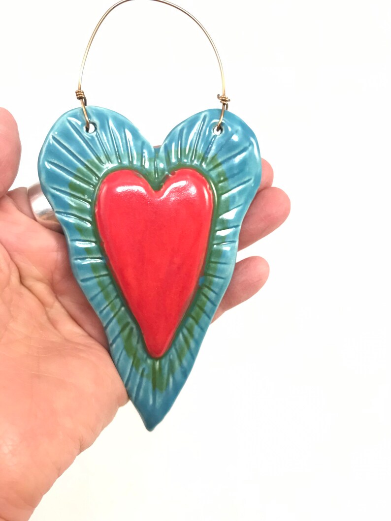 Ceramic Heart Ornament, wall ornament, art heart, handmade collectible ornament,raised red heart decoration, Robin Chlad, holiday gift image 3