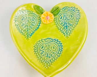 Handmade Ceramic Heart Dish, Chartreuse Teal Pottery, Ring Holder