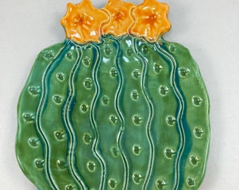 Cactus plate, barrel cactus, pottery platter plate, spoon rest, ceramic serving plate, cactus dish, southwest decor, Robin Chlad,