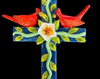 Handmade Ceramic Cardinal Cross, Lily Wall Decor, 3D Religious Art