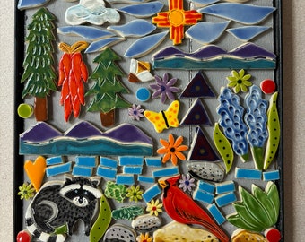 Mountain Mosaic Kit, handmade tile kit, DIY, New Mexico theme, Robin Chlad, mosaic project, Raccoon, cardinal, chili peppers