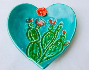 Teal Ceramic Heart Dish, Cactus Decor, Southwestern Ring Holder