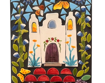 Mission Butterfly Garden, handmade mosaic tile, mosaic wall plaque, home decor, Robin Chlad, flower garden, succulent tiles, Santa Fe style