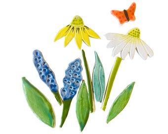 Handmade Ceramic Wildflower Mosaic Tiles, Lupine, Daisy, Butterfly