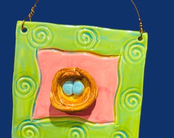 Handmade Ceramic Bird nest, nest with twin blue eggs, miniature birds nest on a wall plaque, gift for expectant mom, Robin Chlad, 3-d tile