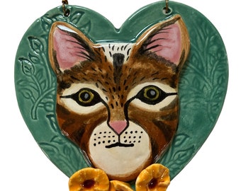 Tiger Cat, Tabby Cat ornament, ceramic cat heart, kitty ornament, kitty wall ornament, Robin Chlad, memorial pet gift, heart ornament,