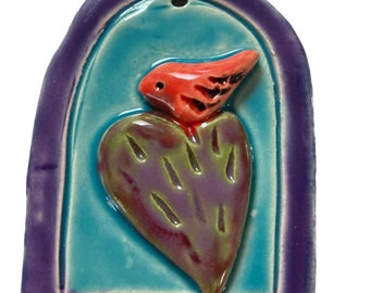 Desert mini ornament, cardinal cacti heart, bird prickly pear, southwest gift, desert decor, holiday ornament, Robin Chlad, folk art