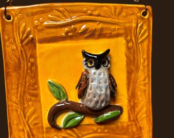 Handmade ceramic owl plaque, miniature wall ornament, Great Horned Owl, owl on branch, Robin Chlad, hand sculpted, gift.
