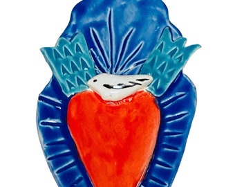 Handmade Ceramic Christmas Ornament, Blue Winged Heart, Folk Art Decor