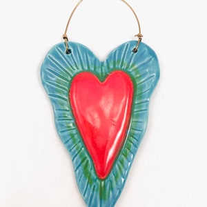 Ceramic Heart Ornament, wall ornament, art heart, handmade collectible ornament,raised red heart decoration, Robin Chlad, holiday gift image 1