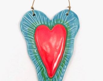 Ceramic Heart Ornament, wall ornament, art heart, handmade collectible ornament,raised red heart decoration, Robin Chlad, holiday gift