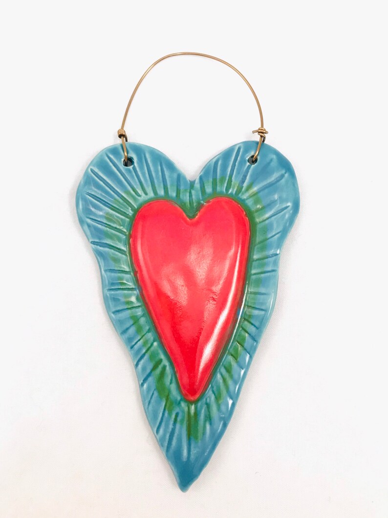 Ceramic Heart Ornament, wall ornament, art heart, handmade collectible ornament,raised red heart decoration, Robin Chlad, holiday gift image 1