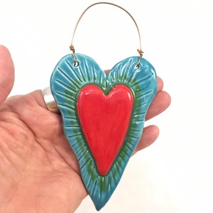 Ceramic Heart Ornament, wall ornament, art heart, handmade collectible ornament,raised red heart decoration, Robin Chlad, holiday gift image 2