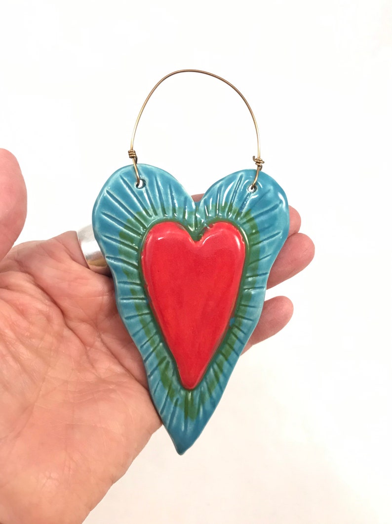 Ceramic Heart Ornament, wall ornament, art heart, handmade collectible ornament,raised red heart decoration, Robin Chlad, holiday gift image 2