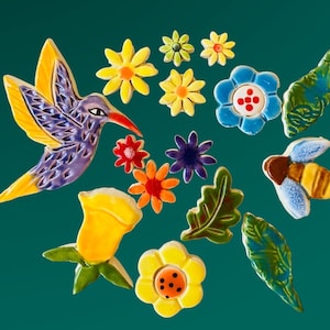 Mosaic Tile, handmade tile, hummingbird tile, mosaic tile pieces, mosaic tile project, bee tile, Robin Chlad, tile project, flowers, leaf