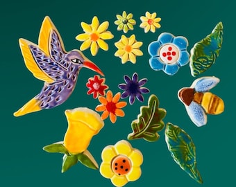 Handmade Ceramic Mosaic Tile Pieces, Hummingbird, Flowers, Bee