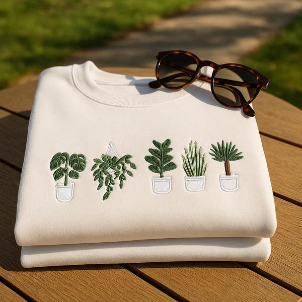 Embroidered Houseplant Sweatshirt, Minimal Potted Plants Crewneck, Botanical Plant Lover Pullover