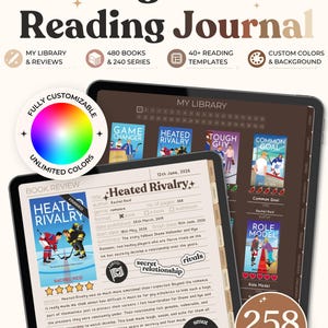Może przedstawiać: Cyfrowy dziennik czytelnika wyświetlany na dwóch tabletach, zawierający interfejs biblioteki z okładkami książek, stronę recenzji Heated Rivalry oraz etykiety My Library, 480 Books, 40+ Reading Templates i 258 Unique Stickers.