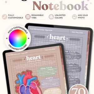 Puede incluir: Una interfaz de cuaderno digital mostrada en dos pantallas, con contenido educativo sobre el sistema cardiovascular, incluyendo un diagrama del corazón humano, etiquetas anatómicas como Vena Cava, Aorta y Atrium, y páginas de notas cuadriculadas.