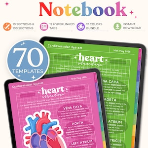 Pode incluir: Um pacote de caderno digital com 70 modelos, 10 seções, 12 abas com hiperlinks e 12 cores. A tela mostra dois tablets com um guia de estudo do sistema cardiovascular, incluindo um diagrama do coração e texto sobre a estrutura cardíaca.