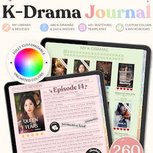 Puede incluir: Un diario digital de K-Drama en dos tabletas, con plantillas personalizables para reseñas de episodios, listas de películas y seguimiento de biblioteca. La interfaz incluye secciones para títulos, reparto, calificaciones y 260 pegatinas únicas.