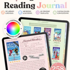 May include: A digital reading journal displayed on two tablets. The interface features a library section with book covers, a book review page for the title Heated Rivalry, and various navigation tabs. Text includes My Library, 480 Books, 40+ Reading Templates, and 258 Unique Stickers.
