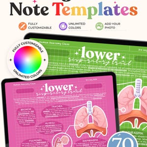 Könnte beinhalten: Digitale Notizvorlagen für den Anatomieunterricht auf zwei Tablets. Die Bildschirme zeigen einen rosa und einen grünen Rasterhintergrund mit Text über die unteren Atemwege, einschließlich Diagrammen von Lunge, Luftröhre, Bronchien, Alveolen und Zwerchfell.