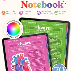 May include: A digital customizable notebook displayed on two tablet screens. The screens show a cardiovascular system study guide with a heart diagram, grid lines, and text including Vena Cava, Aorta, Atrium, and Left Ventricle. Features 10 to 100 sections, 12 editable tabs, and 70 templates.