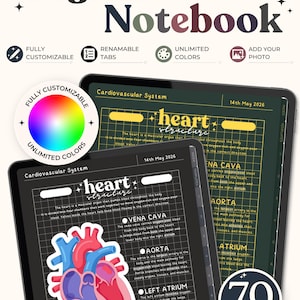 Peut inclure: Un carnet numérique présentant une page d'étude sur le système cardiovasculaire avec un schéma cardiaque, un fond quadrillé et des étiquettes pour Vena Cava, Aorta et Atrium. L'interface inclut des onglets, la date du 14 mai 2026 et 70 modèles.